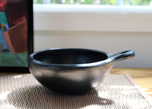 Authentic Chamba Bowl w/ One Handle - Elegant, All-Natural Black Clay Dish for Soups, Salads and Serving - Handmade in Colombia