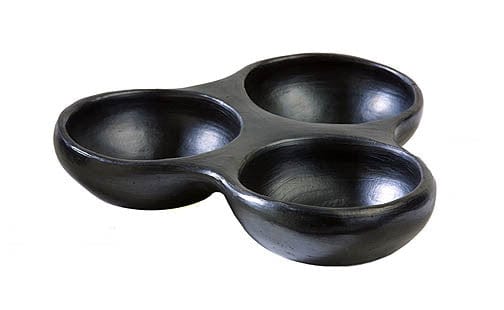 Authentic Chamba Triple Dish - Elegant, All-Natural Black Clay Platter for Salsas, Appetizers and More - Handmade in Colombia
