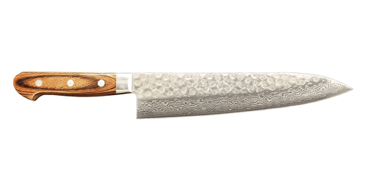 Kikuichi Warikomi Damascus Tsuchime Gyuto 8" Mahogany Handle