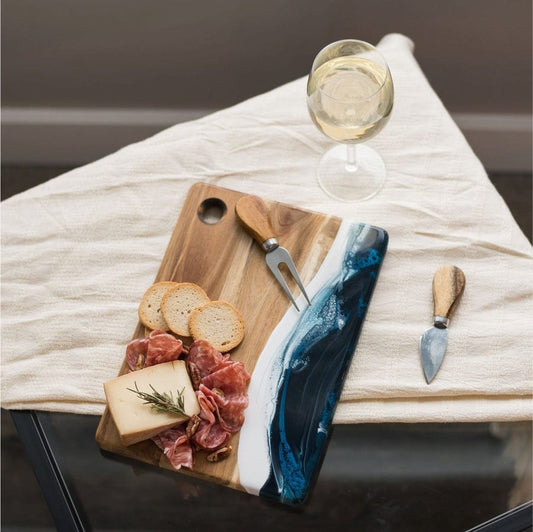 Lynn & Liana Small Acacia Cheese Board - Navy While Metallic - 8" x 11"