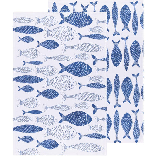 Now Designs by Danica Fish Print Royal Blue Floursack Dishtowels - Set of 2