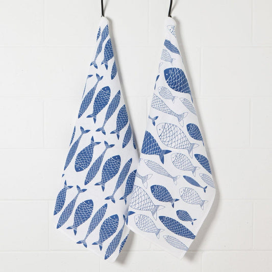Now Designs by Danica Fish Print Royal Blue Floursack Dishtowels - Set of 2