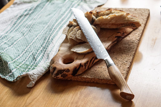 Ryda Knives ST650 Damascus Steel & Olive Wood Bread Knife, 9"