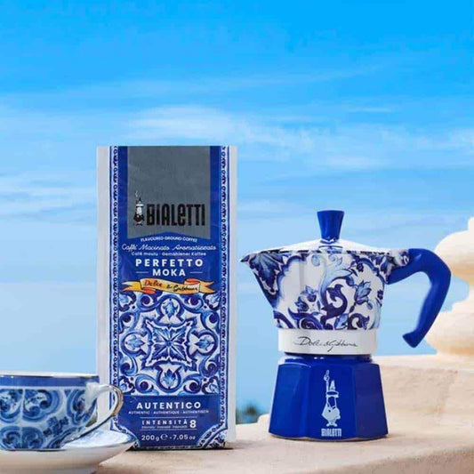 Bialetti Dolce & Gabbana Moka Pot Italian Coffee & Stovetop Espresso, Blue Mediterranean - 3 & 6 Cup