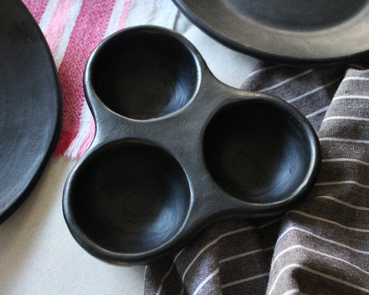 Authentic Chamba Triple Dish - Elegant, All-Natural Black Clay Platter for Salsas, Appetizers and More - Handmade in Colombia