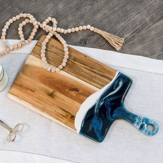 Lynn & Liana Acacia Cheese & Charcuterie Board - Unique Ocean Design Paddle, 8" x 16"