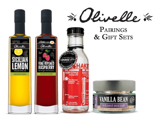 Olivelle Sicilian Lemon Olive Oil, Raspberry Balsamic Vinegar, Vanilla Bean Salt, and Dressing Shaker Bottle